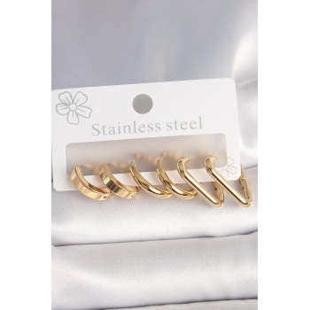 316L Çelik Gold Renk Üçgen Halka Model Kadın Küpe Seti -