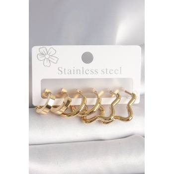 316L Çelik Gold Renk Yıldız Halka Model Kadın Küpe Seti -