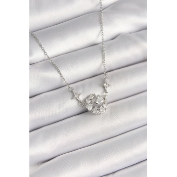 316L Çelik Gümüş Renk Zirkon Taşlı Hilal Kalp Model Kadın Kolye -