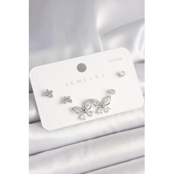 925 Ayar Gümüş Çivi Pirinç Gümüş Renk Zirkon Taşlı Kelebek Model Kadın Küpe Seti -