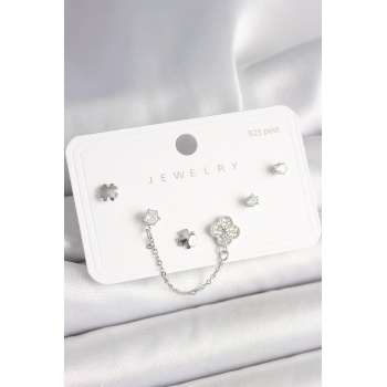 925 Ayar Gümüş Çivi Pirinç Gümüş Renk Zirkon Taşlı Yonca Model Sallantı Zincir Detay Kadın Küpe Seti -