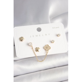 925 Ayar Gümüş Çivi Pirinç Gold Renk Zirkon Taşlı Yonca Model Sallantı Zincir Detay Kadın Küpe Seti -