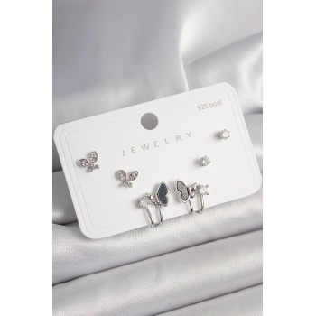 925 Ayar Gümüş Çivi Pirinç Gümüş Renk Zirkon Taşlı Kelebek Model Kadın Küpe Seti -