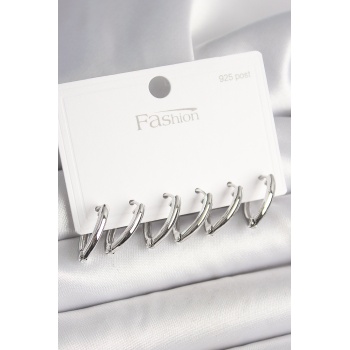 925 Ayar Gümüş Çivi Pirinç Gümüş Renk Üçgen Model Kadın Küpe Seti -