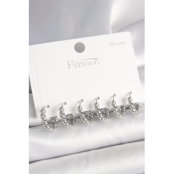 925 Ayar Gümüş Çivi Pirinç Gümüş Renk Sarmal Halka Model Kadın Küpe Seti -