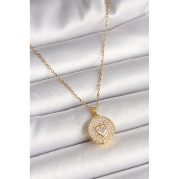 316L Çelik Gold Renk Zincir Madalyon Zirkon Taşlı Kalp Model Kadın Kolye -