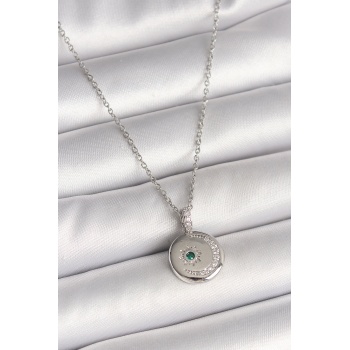 316L Çelik Gümüş Renk Zincir Madalyon Zirkon Taşlı İşlemeli Hilal Yıldız Model Kadın Kolye -