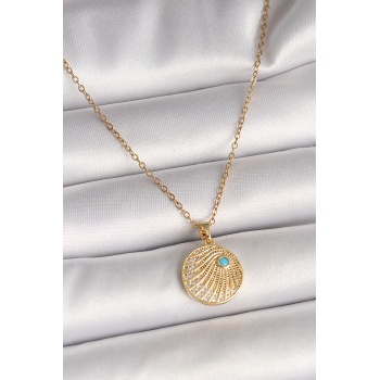 316L Çelik Gold Renk Zincir Zirkon Taş İşlemeli Mavi Taş Detaylı Madalyon Model Kadın Kolye -