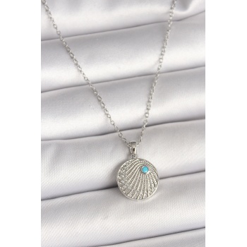 316L Çelik Gümüş Renk Zincir Zirkon Taşlı Mavi Taş Detaylı Madalyon Model Kadın Kolye -