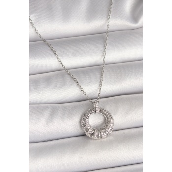 316L Çelik Gümüş Renk Zincir Zirkon Taş İşlemeli Daire Model Kadın Kolye -
