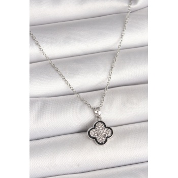 316L Çelik Gümüş Renk Zincir Zirkon Taşlı Yonca Model Kadın Kolye -