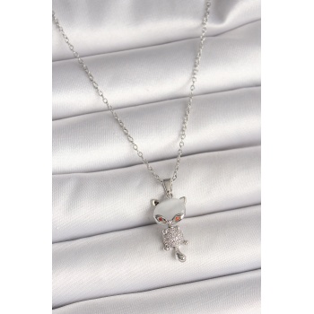 316L Çelik Gümüş Renk Zincir Zirkon Taşlı Kedi Model Kadın Kolye -