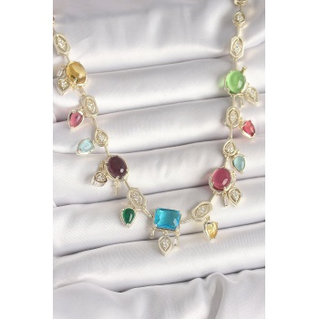 Pirinç Gold Renk Renli Zirkon Taşlı VIP Seri Kadın Kolye -