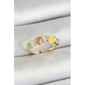 Pirinç Sıralı Kalp Figürlü Zirkon Taşlı Gold Renk Ayarlanabilir Kadın Yüzük -