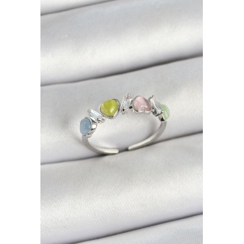 Pirinç Sıralı Kalp Figürlü Zirkon Taşlı Gümüş Renk Ayarlanabilir Kadın Yüzük -