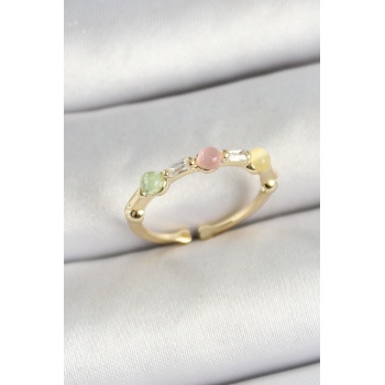 Pirinç Sıralı Boncuk Figürlü Zirkon Taşlı Gold Renk Ayarlanabilir Kadın Yüzük -