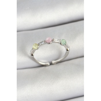 Pirinç Sıralı Boncuk Figürlü Zirkon Taşlı Gümüş Renk Ayarlanabilir Kadın Yüzük -