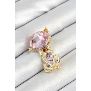 Pembe Zirkon Taşlı Kap Detaylı Kedi Figürlü Gold Renk Kadın Broş -