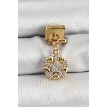 316L Çelik Sallantılı Zirkon Taşlı Kalp Detaylı Yıldz Model Gold Renk Nomination Charm
