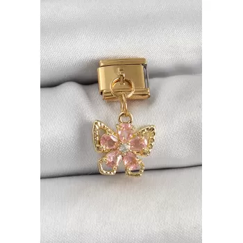 316L Çelik Sallantılı Zirkon Taşlı Çiçek Figürlü Kelebek Model Gold Renk Nomination Charm