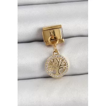 316L Çelik Sallantılı Zirkon Taşlı Hayat Ağacı Model Gold Renk Nomination Charm