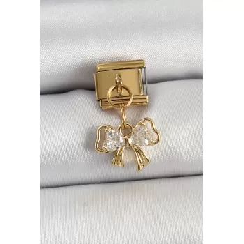 316L Çelik Sallantılı Zirkon Taşlı Fiyonk Model Gold Renk Nomination Charm