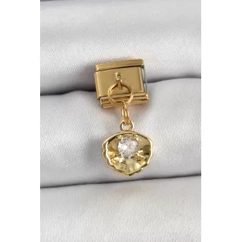 316L Çelik Sallantılı Zirkon Taşlı İstiridye Model Gold Renk Nomination Charm