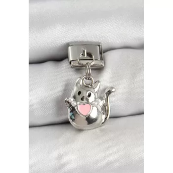 316L Çelik Sallantılı Kalp Detaylı Kedi Model Gümüş Renk Nomination Charm