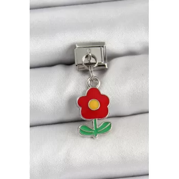 316L Çelik Sallantılı Kırmızı Papatya Model Gümüş Renk Nomination Charm