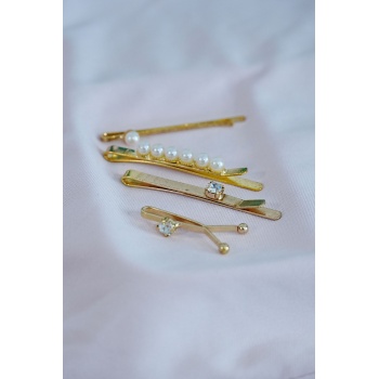 İncili Altın Renk Yan Toka Kombini 4lü