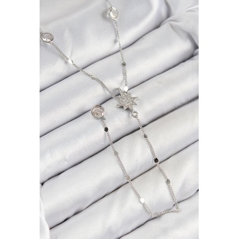 Pirinç Zirkon Taşlı Kutup Yıldızı Model Gümüş Renk Y Kolye -