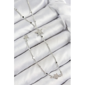 Pirinç Zirkon Taşlı Yıldız Model Gümüş Renk Y Kolye -