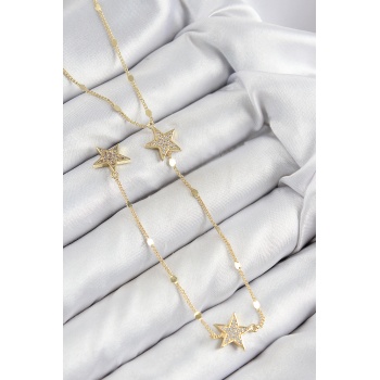 Pirinç Zirkon Taşlı Yıldız Model Gold Renk Y Kolye -