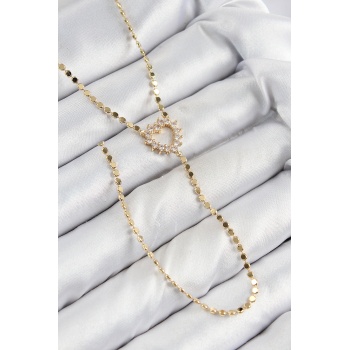 Pirinç Zirkon Taşlı Ezme Zincirli Kalp Model Gold Renk Y Kolye -