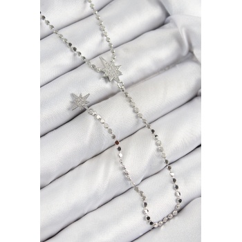 Pirinç Zirkon Taşlı Ezme Zincirli Kutup Yıldızı Model Gümüş Renk Y Kolye -