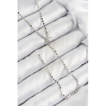 Pirinç Zirkon Taşlı Ezme Zincirli Deniz Yıldızı Model Gümüş Renk Y Kolye -