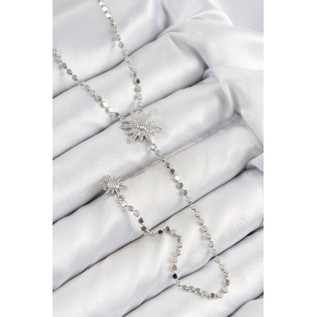 Pirinç Zirkon Taşlı Ezme Zincirli Kutup Yıldızı Model Gümüş Renk Y Kolye -