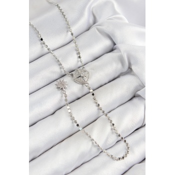 Pirinç Zirkon Taşlı Ezme Zincirli Madalyon Model Gümüş Renk Y Kolye -