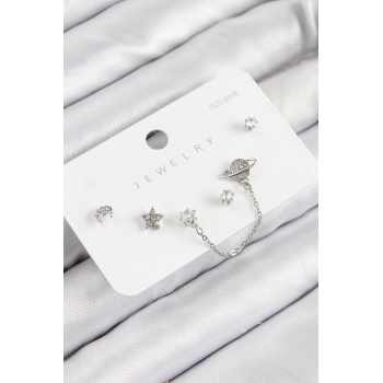 Pirinç Zirkon Taşlı Yıldız Ve Gezegen Model Gümüş Renk 925 Ayar Gümüş Çivi Kadın Küpe Set -