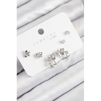 Pirinç Zirkon Taşlı Kelebek Model Gümüş Renk 925 Ayar Gümüş Çivi Kadın Küpe Set -