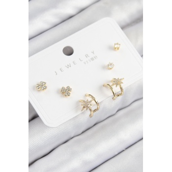 Pirinç Zirkon Taşlı Kutup Yıldızı Model Gold Renk 925 Ayar Gümüş Çivi Kadın Küpe Set -