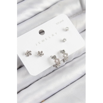 Pirinç Zirkon Taşlı Halka Model Gümüş Renk 925 Ayar Gümüş Çivi Kadın Küpe Set -