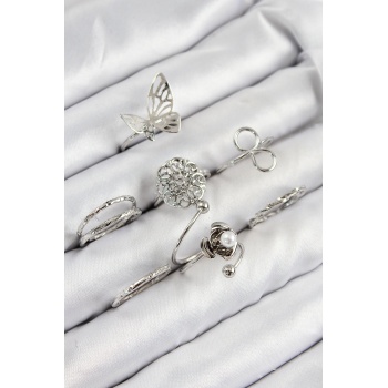 Pirinç Gül Kelebek Model Gümüş Renk Kadın Yüzük Kombin Set -