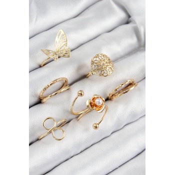 Pirinç Gül Kelebek Model Gümüş Renk Kadın Yüzük Kombin Set -