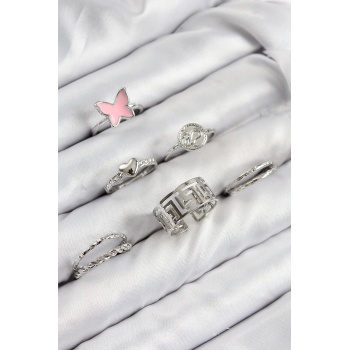 Pirinç Kelebek Ve Kalp Model Gümüş Renk Kadın Yüzük Kombin Set -