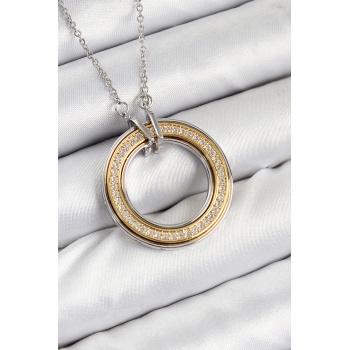316L Çelik Zirkon Taşlı Dönen Daire Model Gold Ve Gümüş Renk Kadın Kolye -
