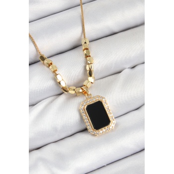 316L Çelik Zirkon Taşlı Siyah Baget Model Gold Renk Kadın Kolye -