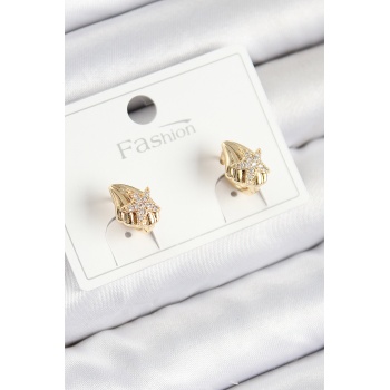 Pirinç Zirkon Taşlı Yıldız Model Gold Renk Çocuk Küpe -