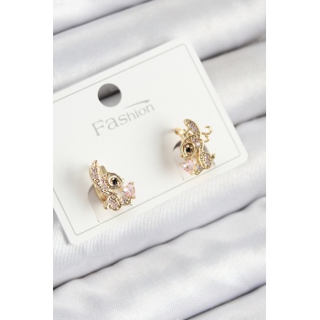 Pirinç Zirkon Taşlı Ceylan Model Gold Renk Çocuk Küpe -