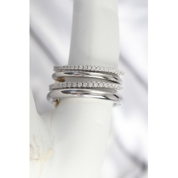 Pirinç Gümüş Renk Zirkon Taşlı 4Lü Kadın Yüzük -